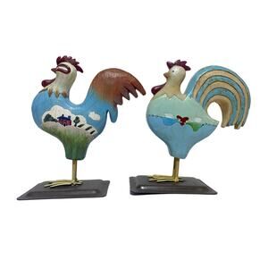 Russ Berrie Rooster Folk Art Carved Wood Hand Painted 5.5" Set of 2